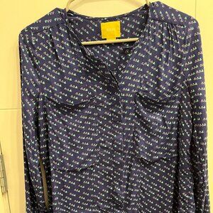 Maeve by Anthropologie button-down bird-patterned navy blouse
